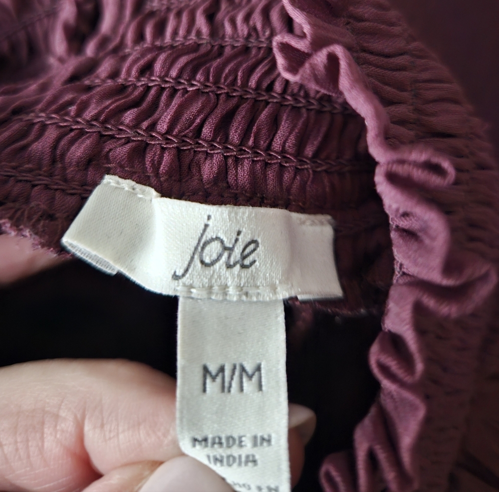 JOIE Long Sleeve Smocked High Neck Sheer Layered Wine Blouse | SZ M - Picture 9 of 10